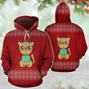 Cute christmas cat merry christmas red hoodie 3d